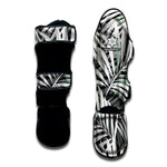 Black White Tropical Leaf Pattern Print Muay Thai Shin Guard