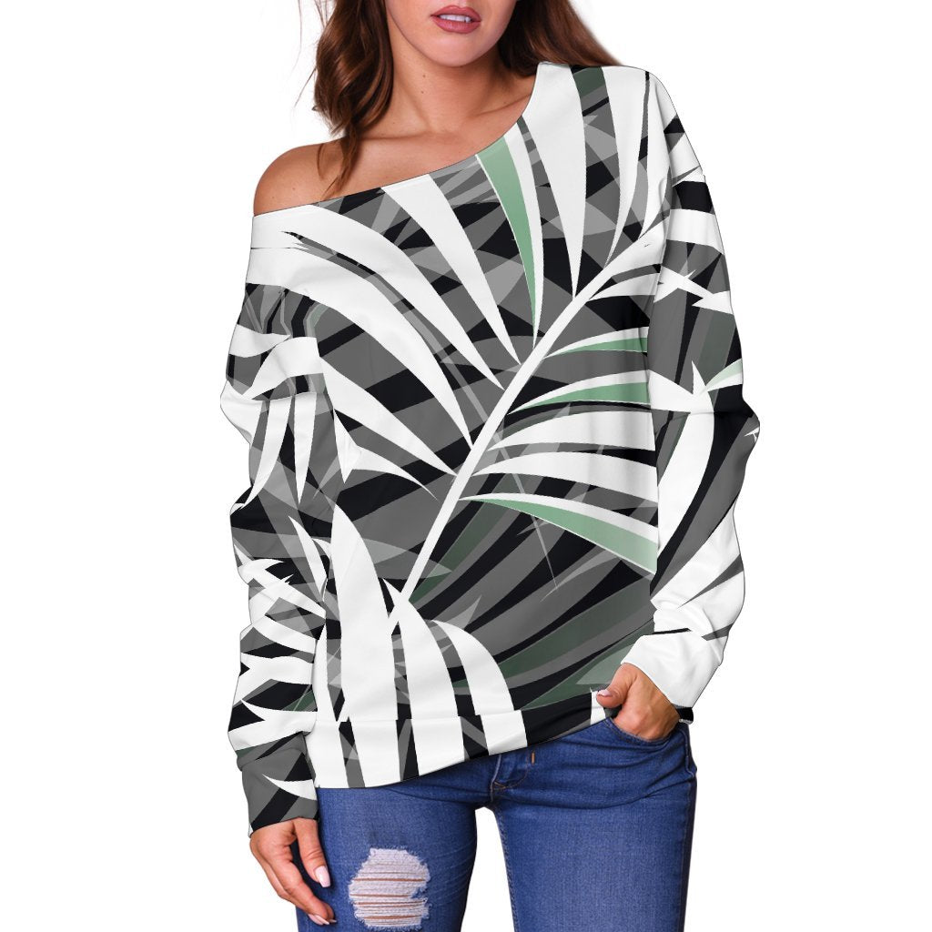 Black White Tropical Leaf Pattern Print Off Shoulder Sweatshirt GearFrost