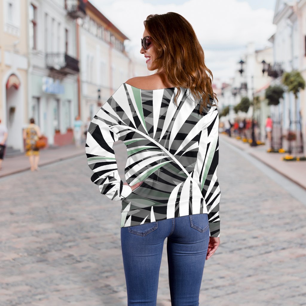 Black White Tropical Leaf Pattern Print Off Shoulder Sweatshirt GearFrost