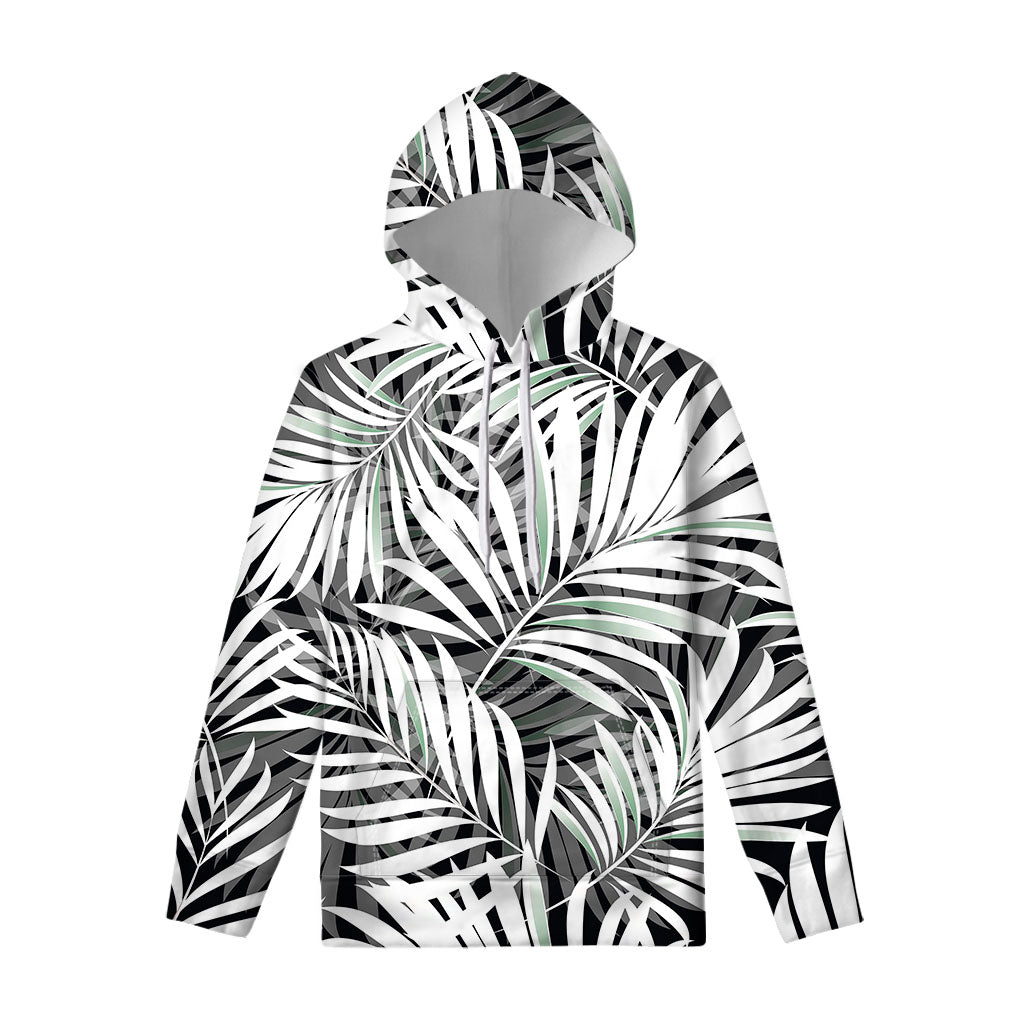 Black White Tropical Leaf Pattern Print Pullover Hoodie