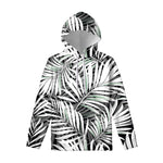 Black White Tropical Leaf Pattern Print Pullover Hoodie