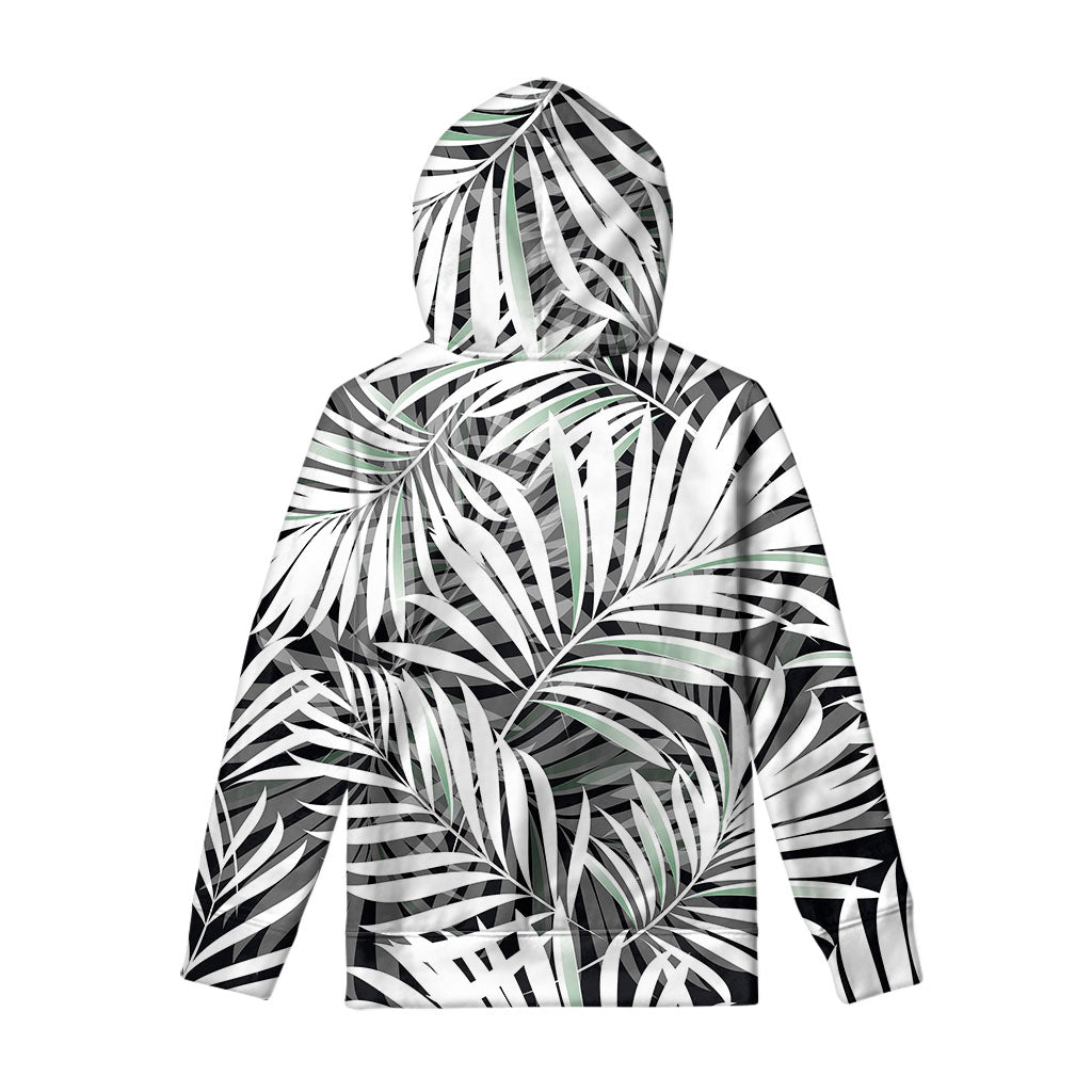 Black White Tropical Leaf Pattern Print Pullover Hoodie