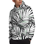 Black White Tropical Leaf Pattern Print Pullover Hoodie