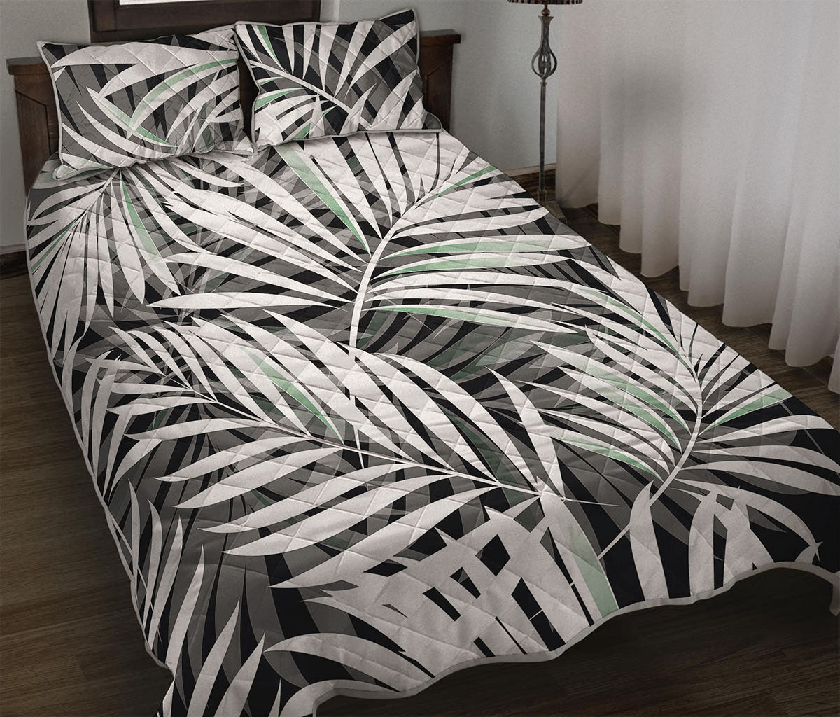 Black White Tropical Leaf Pattern Print Quilt Bed Set