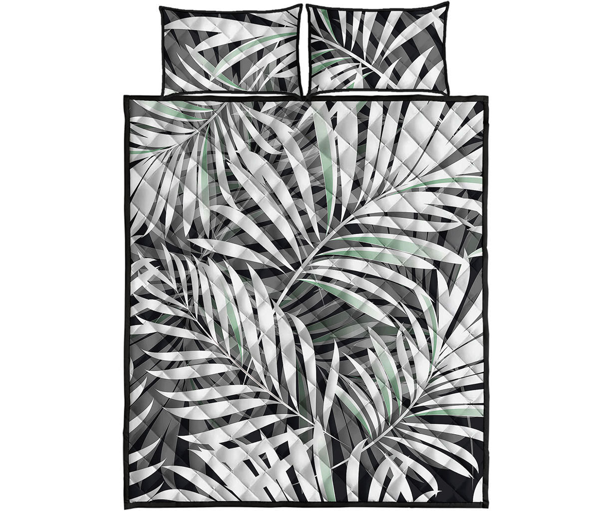 Black White Tropical Leaf Pattern Print Quilt Bed Set