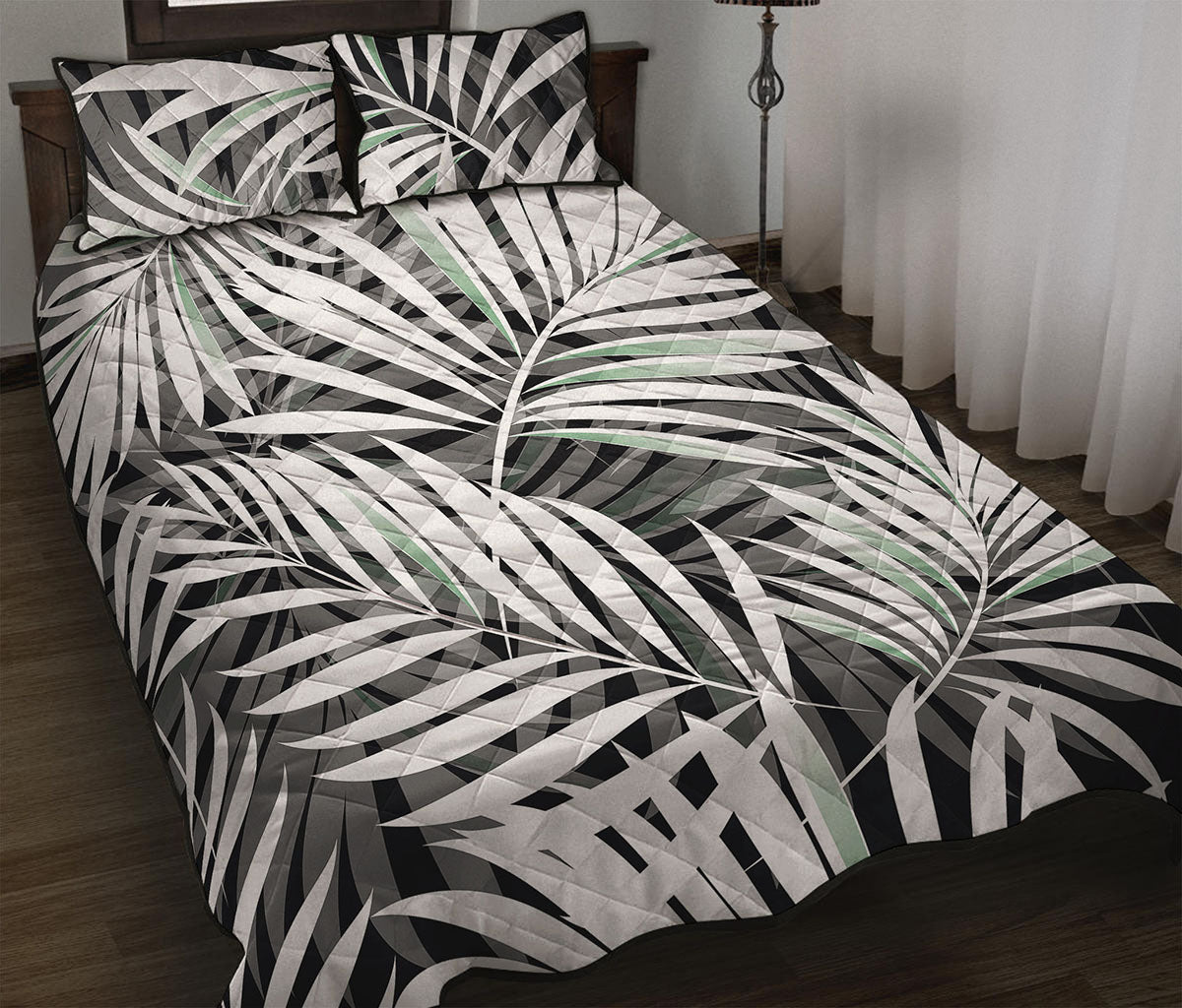 Black White Tropical Leaf Pattern Print Quilt Bed Set