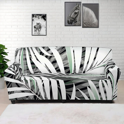 Black White Tropical Leaf Pattern Print Sofa Cover