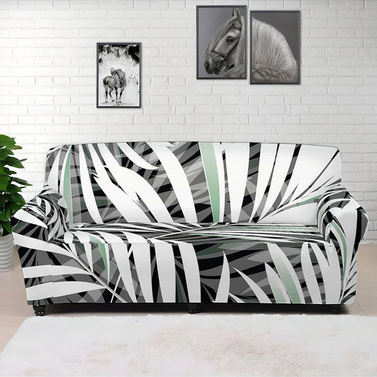 Black White Tropical Leaf Pattern Print Sofa Cover