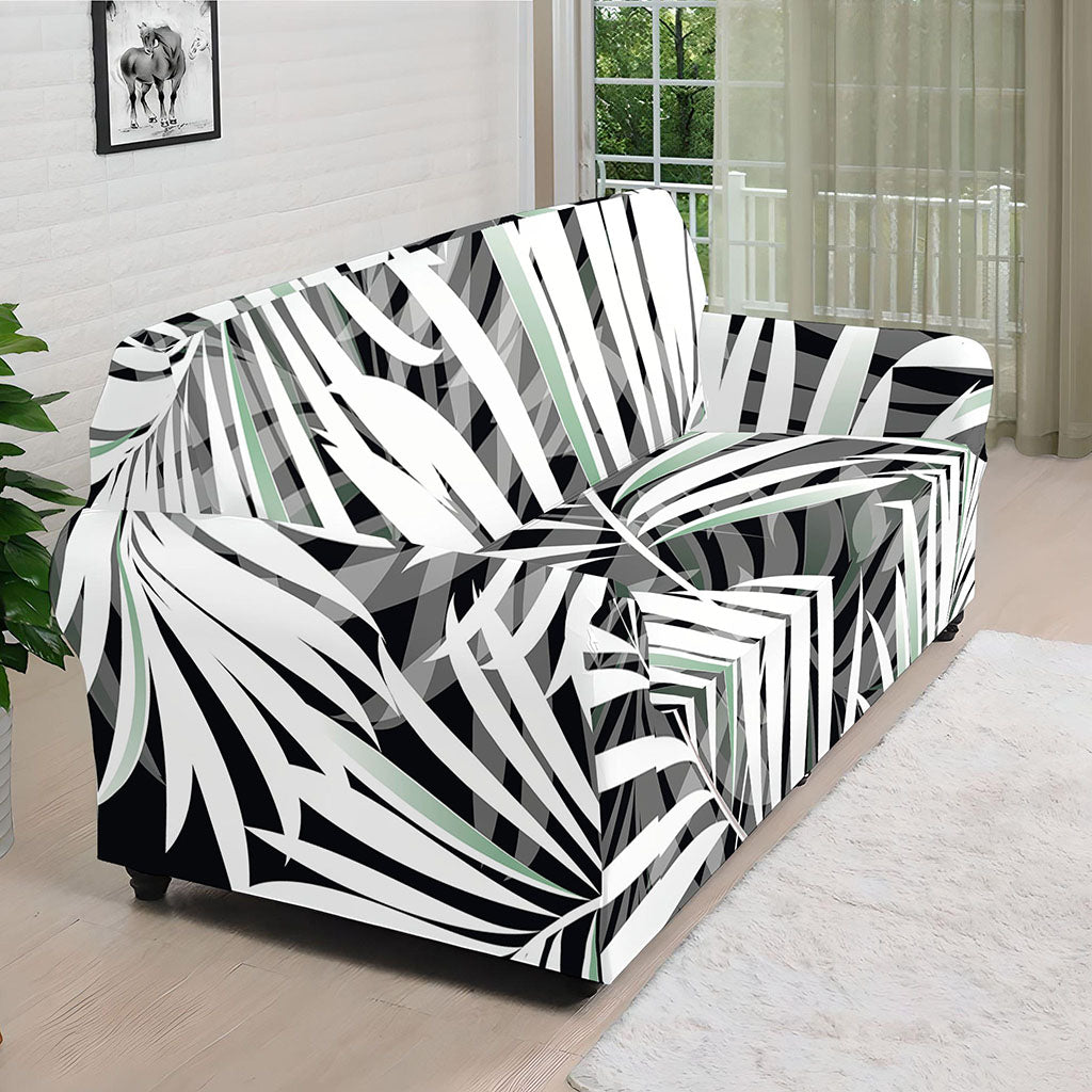 Black White Tropical Leaf Pattern Print Sofa Cover