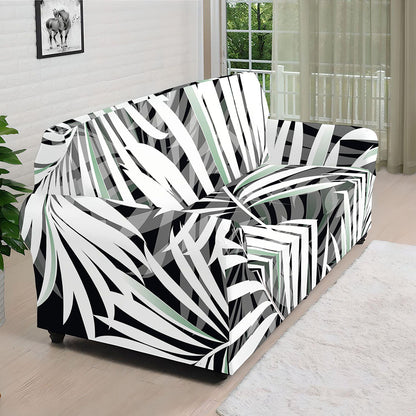Black White Tropical Leaf Pattern Print Sofa Cover