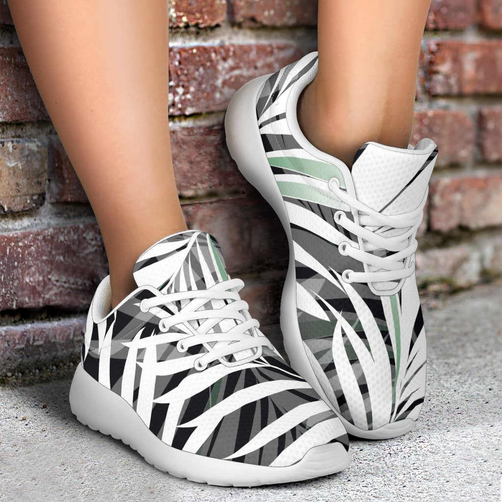 Black White Tropical Leaf Pattern Print Sport Shoes GearFrost