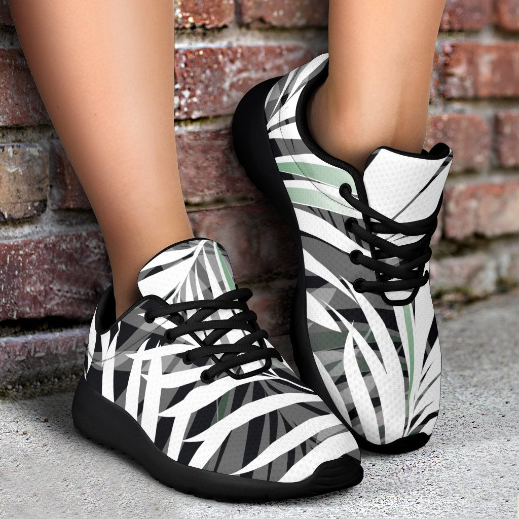 Black White Tropical Leaf Pattern Print Sport Shoes GearFrost