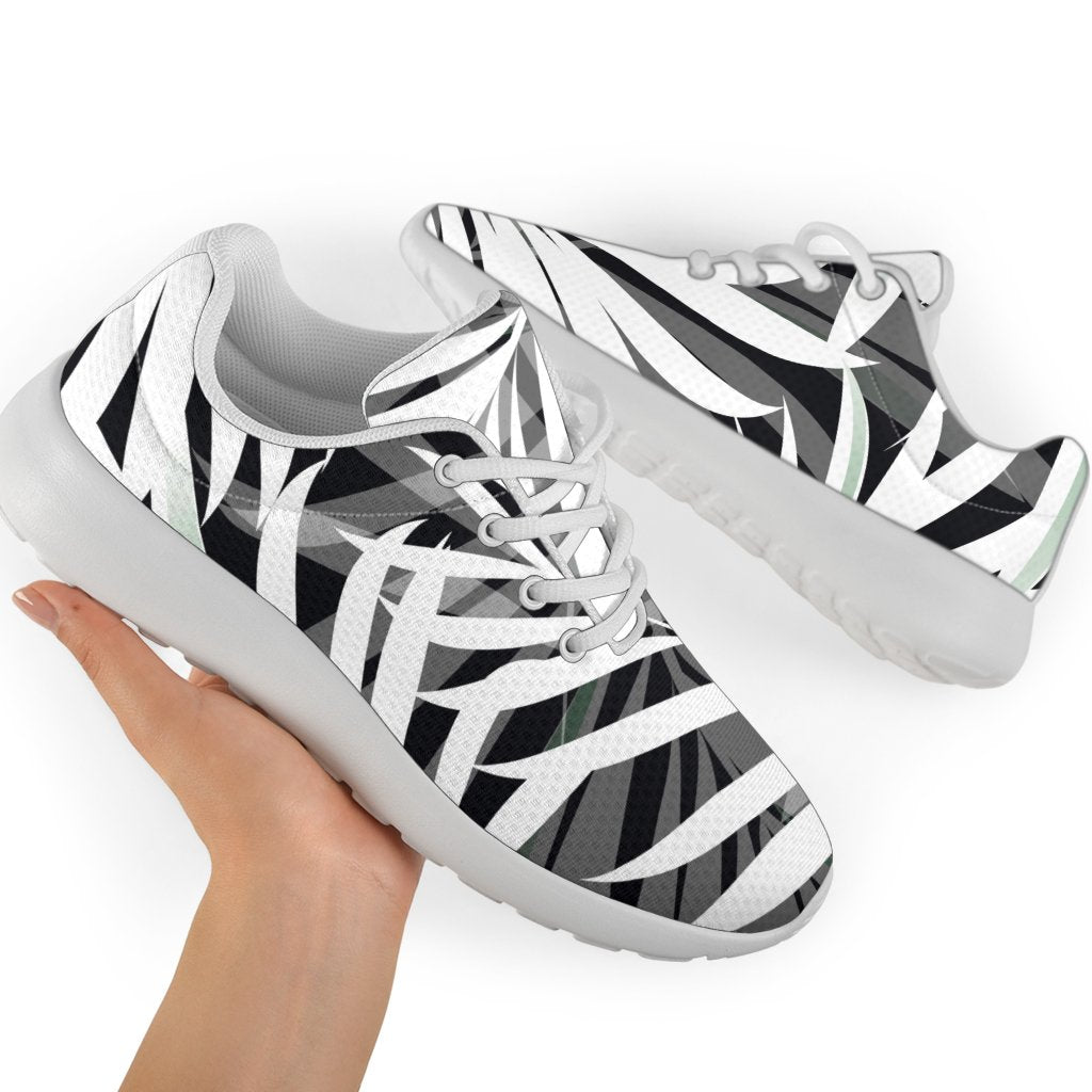 Black White Tropical Leaf Pattern Print Sport Shoes GearFrost