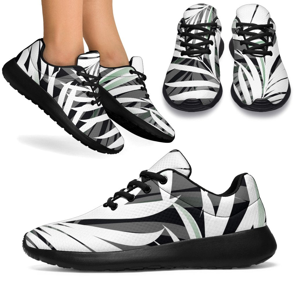 Black White Tropical Leaf Pattern Print Sport Shoes GearFrost