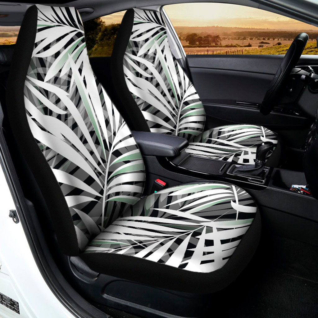 Black White Tropical Leaf Pattern Print Universal Fit Car Seat Covers