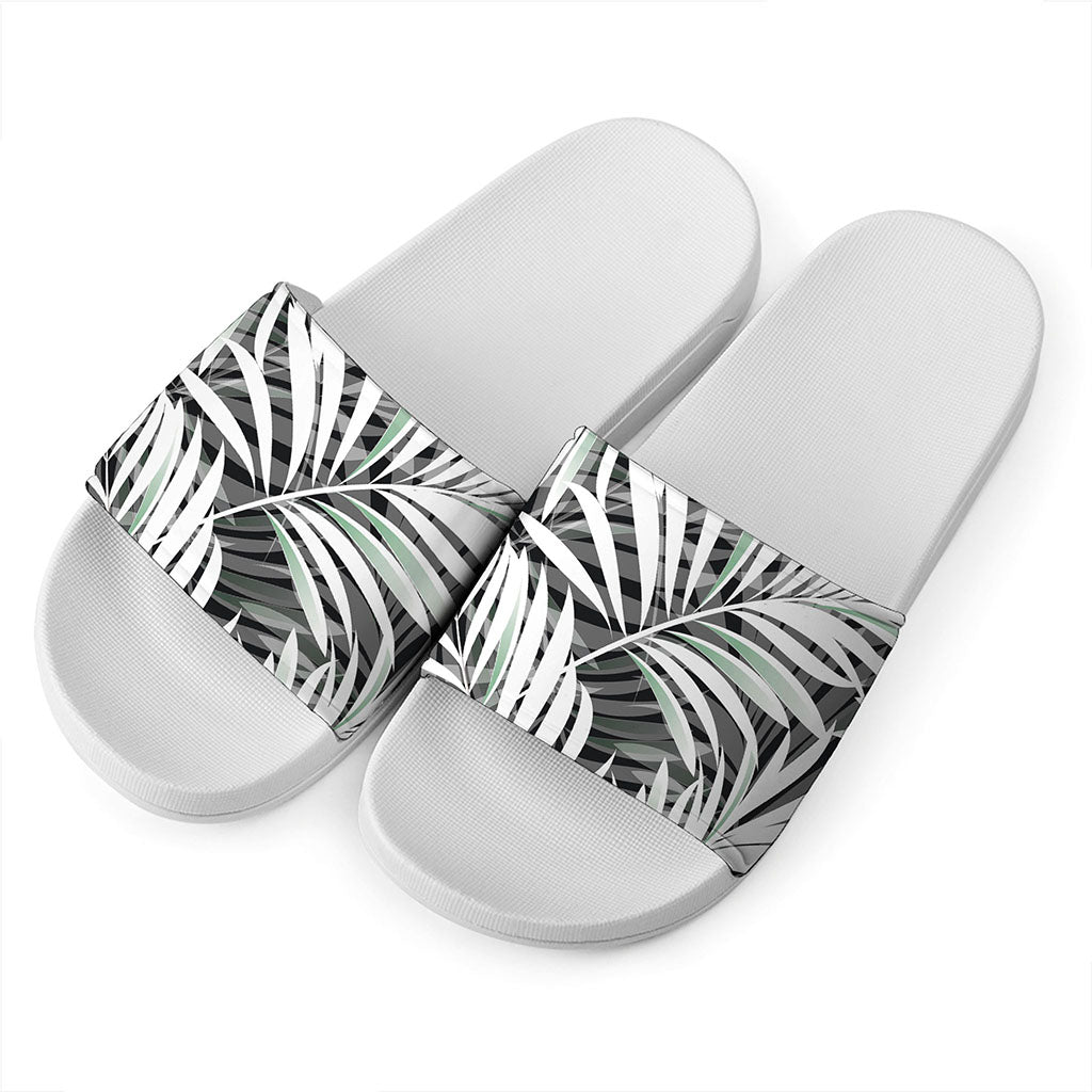 Black White Tropical Leaf Pattern Print White Slide Sandals