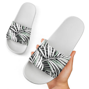 Black White Tropical Leaf Pattern Print White Slide Sandals