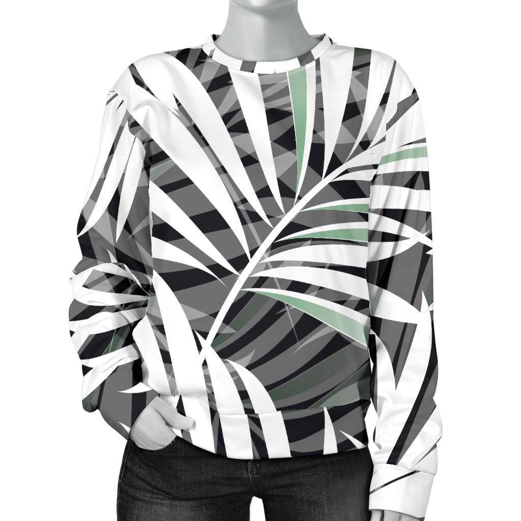 Black White Tropical Leaf Pattern Print Women's Crewneck Sweatshirt GearFrost
