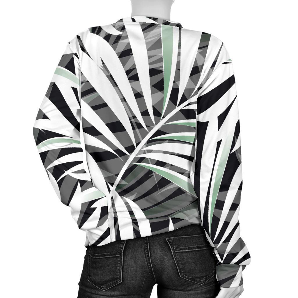 Black White Tropical Leaf Pattern Print Women's Crewneck Sweatshirt GearFrost