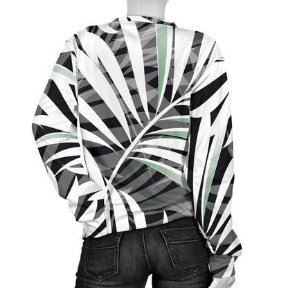 Black White Tropical Leaf Pattern Print Women's Crewneck Sweatshirt GearFrost