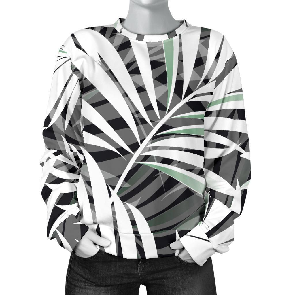 Black White Tropical Leaf Pattern Print Women's Crewneck Sweatshirt GearFrost