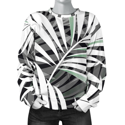 Black White Tropical Leaf Pattern Print Women's Crewneck Sweatshirt GearFrost