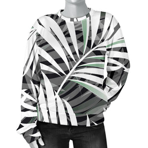 Black White Tropical Leaf Pattern Print Women's Crewneck Sweatshirt GearFrost