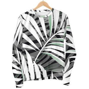Black White Tropical Leaf Pattern Print Women's Crewneck Sweatshirt GearFrost