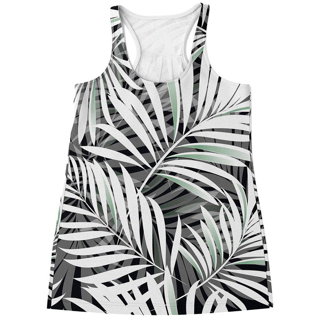 Black White Tropical Leaf Pattern Print Women's Racerback Tank Top