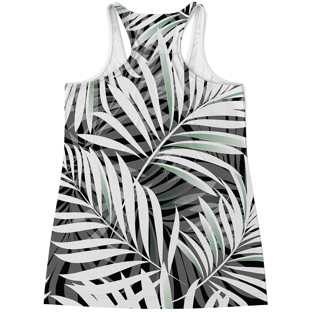 Black White Tropical Leaf Pattern Print Women's Racerback Tank Top