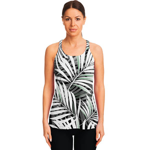 Black White Tropical Leaf Pattern Print Women's Racerback Tank Top