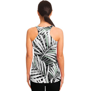 Black White Tropical Leaf Pattern Print Women's Racerback Tank Top