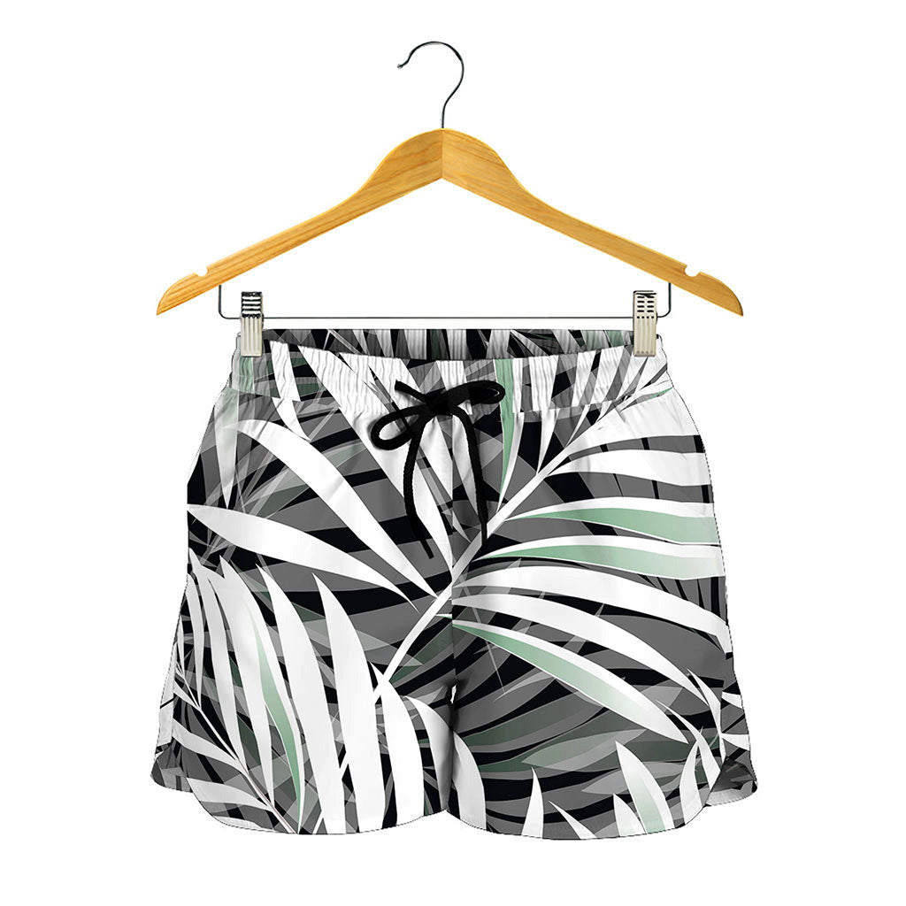 Black White Tropical Leaf Pattern Print Women's Shorts