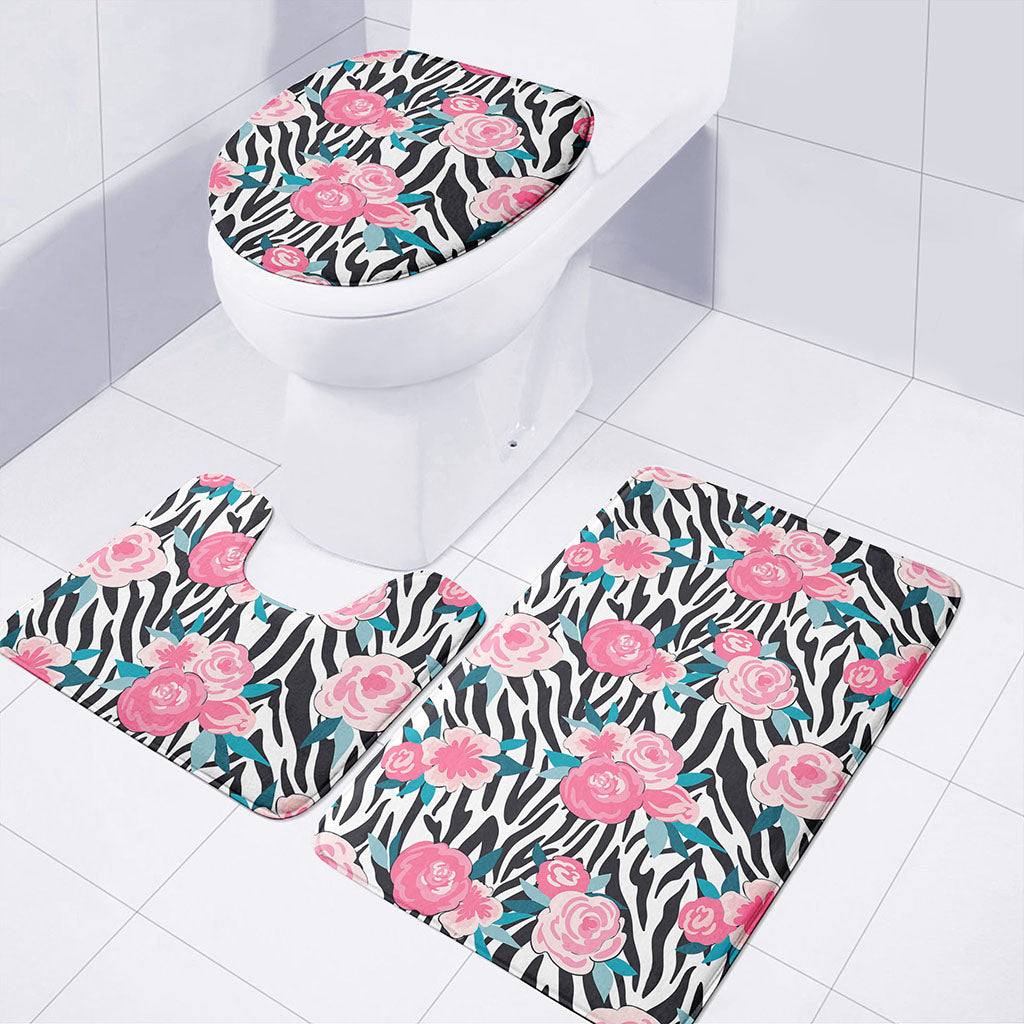 Black White Zebra Floral Pattern Print 3 Piece Bath Mat Set