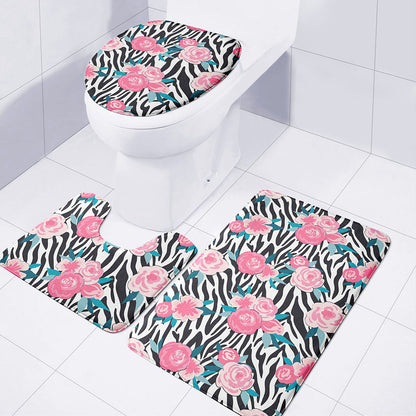 Black White Zebra Floral Pattern Print 3 Piece Bath Mat Set