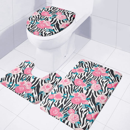 Black White Zebra Floral Pattern Print 3 Piece Bath Mat Set