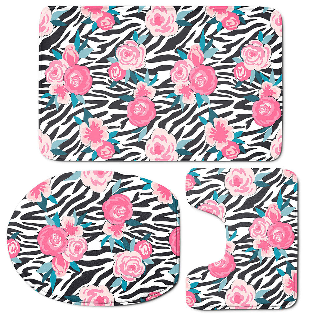 Black White Zebra Floral Pattern Print 3 Piece Bath Mat Set