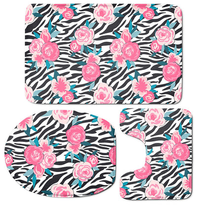 Black White Zebra Floral Pattern Print 3 Piece Bath Mat Set