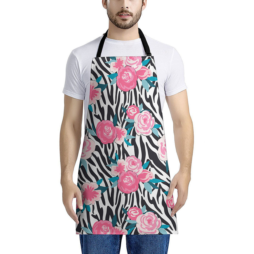 Black White Zebra Floral Pattern Print Apron