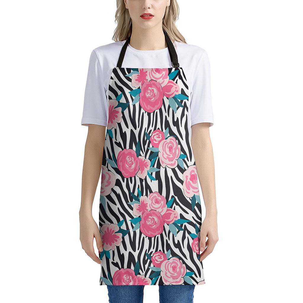 Black White Zebra Floral Pattern Print Apron