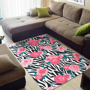 Black White Zebra Floral Pattern Print Area Rug GearFrost