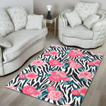 Black White Zebra Floral Pattern Print Area Rug GearFrost