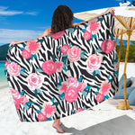 Black White Zebra Floral Pattern Print Beach Sarong Wrap