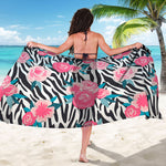 Black White Zebra Floral Pattern Print Beach Sarong Wrap