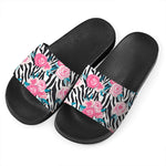 Black White Zebra Floral Pattern Print Black Slide Sandals