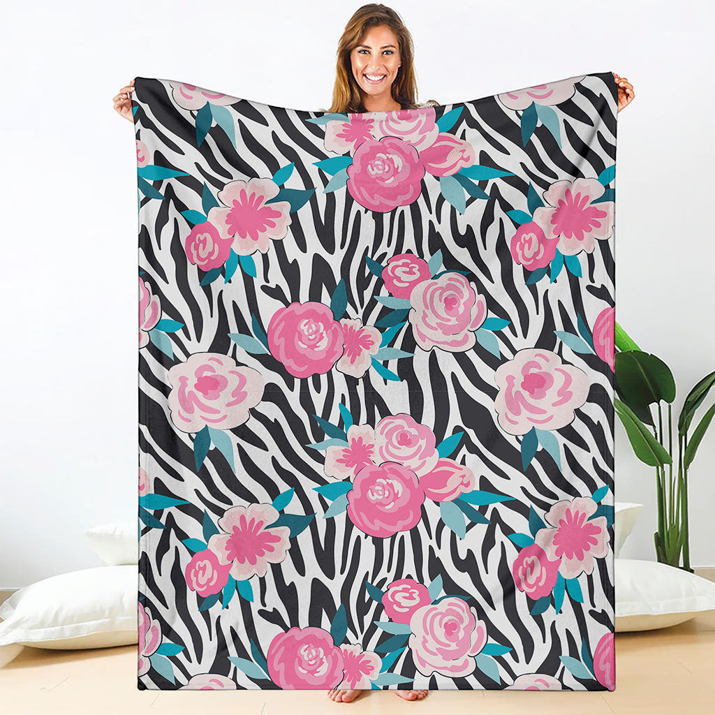 Black White Zebra Floral Pattern Print Blanket