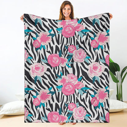 Black White Zebra Floral Pattern Print Blanket
