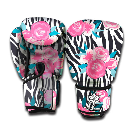 Black White Zebra Floral Pattern Print Boxing Gloves