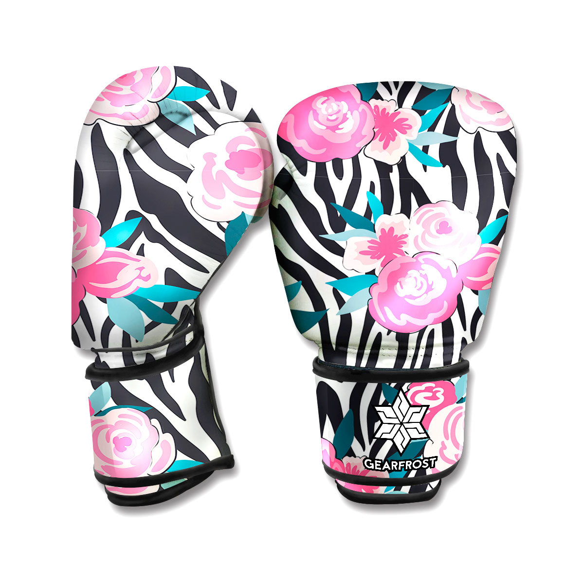 Black White Zebra Floral Pattern Print Boxing Gloves