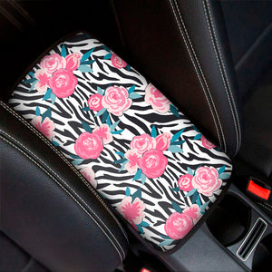 Black White Zebra Floral Pattern Print Car Center Console Cover